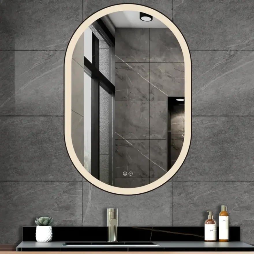 Atlantic badkamerspiegel Dona met verlichting ovaal 90 x 60 cm chroom - met zwarte aluminium rand