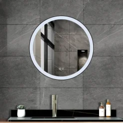 Atlantic badkamerspiegel Janessa met verlichting rond ø 60 cm chroom - met zwarte aluminium rand