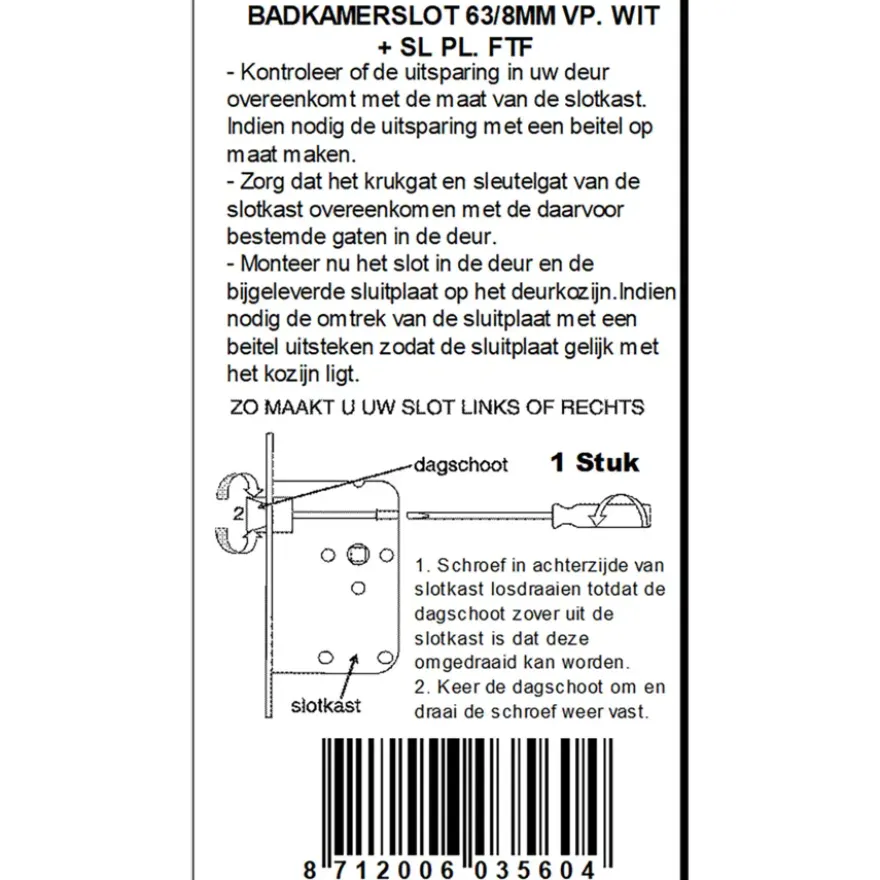 ATZ Insteekslot badkamerslot/wc-slot met witte voorplaat Doorn 50mm