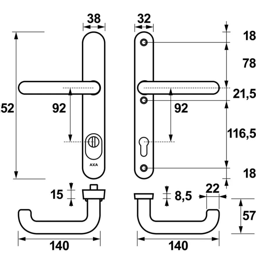 AXA veiligheidsbeslag Oval achterdeur aluminium smal schild met SKG 3-sterren 92 mm