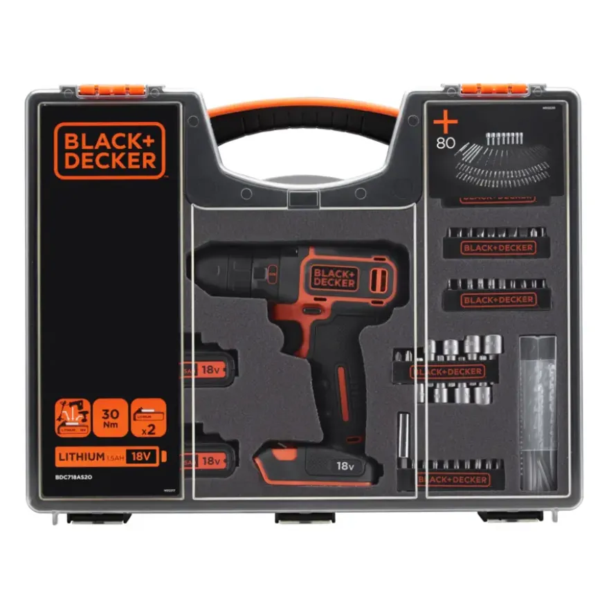 BLACK+DECKER accuboormachine BDC718AS2O-QW + 80-delige accessoireset