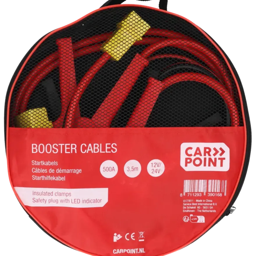 Carpoint startkabel 500A met gele veiligheidsplug met polariteitsaanduiding
