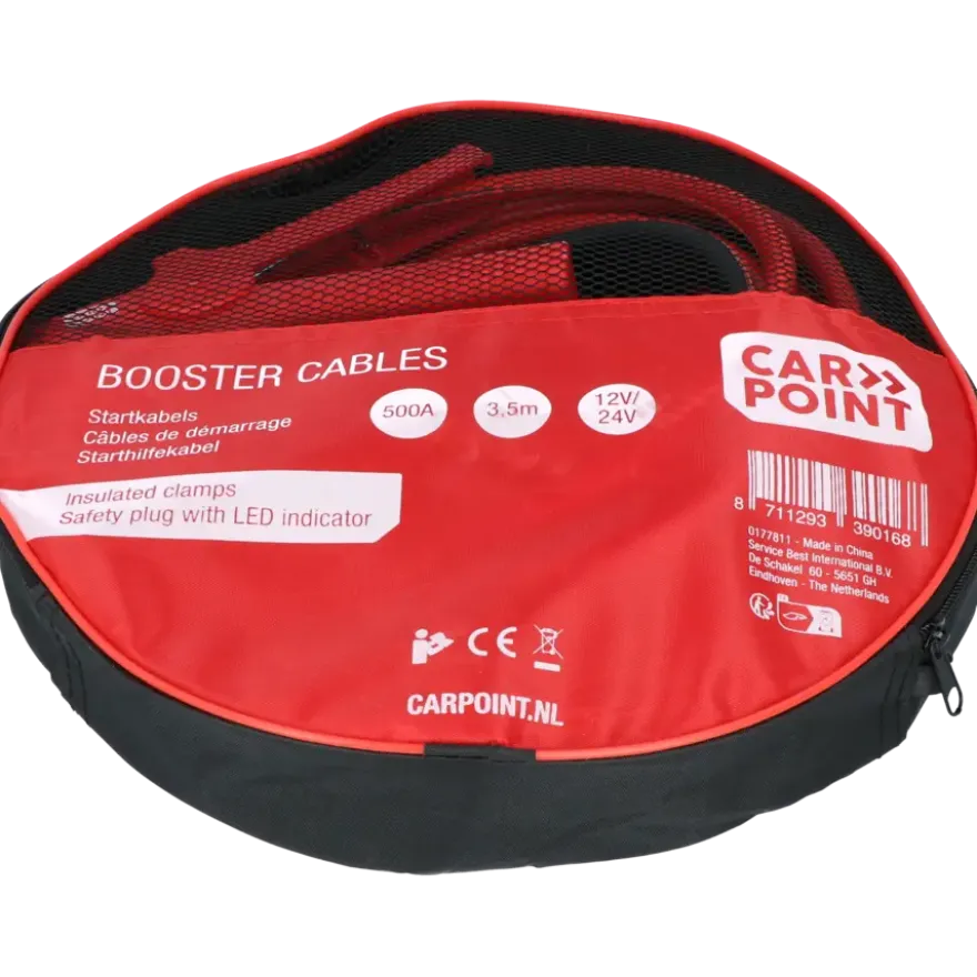 Carpoint startkabel 500A met gele veiligheidsplug met polariteitsaanduiding