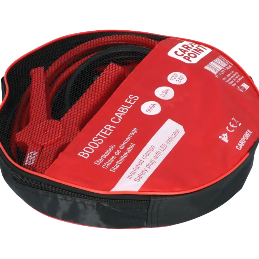 Carpoint startkabel 500A met gele veiligheidsplug met polariteitsaanduiding