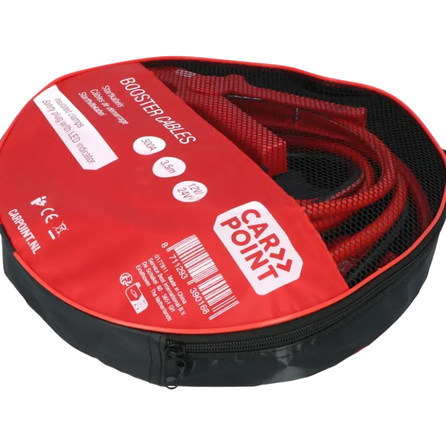 Carpoint startkabel 500A met gele veiligheidsplug met polariteitsaanduiding