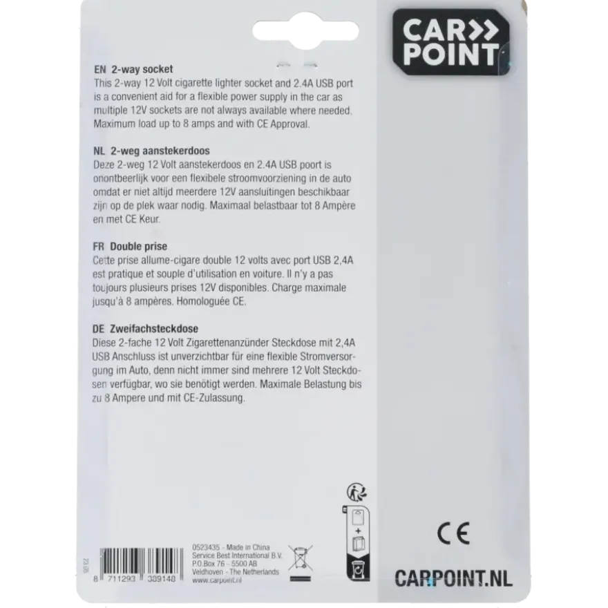Carpoint 2-weg 12V stekkerdoos 2x12V en 1X USB