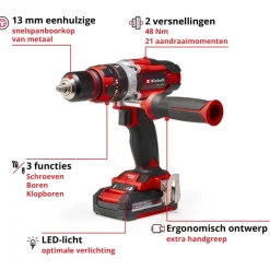 Einhell 18V klopboormachine TE-CD 18/48 LI incl. 2 accu's 2.0Ah + lader + koffer