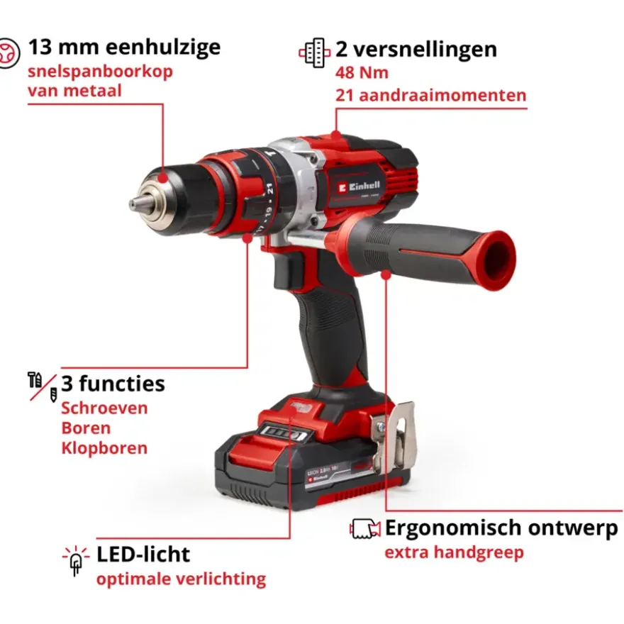 Einhell 18V klopboormachine TE-CD 18/48 LI incl. 2 accu's 2.0Ah + lader + koffer