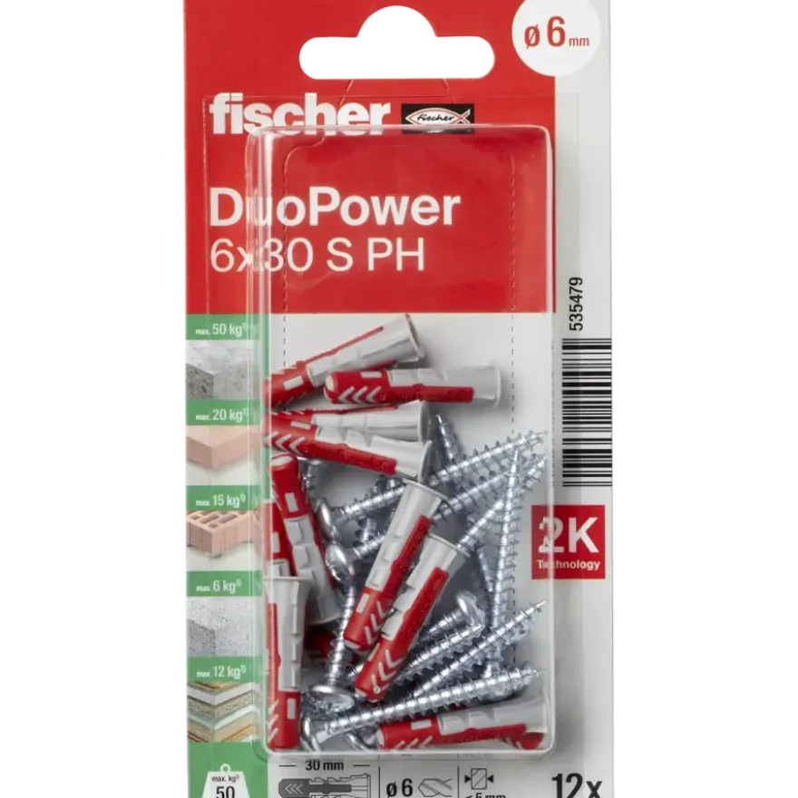 Fischer Universeelplug DuoPower 6x30mm met bolkopschroef 12 stuks