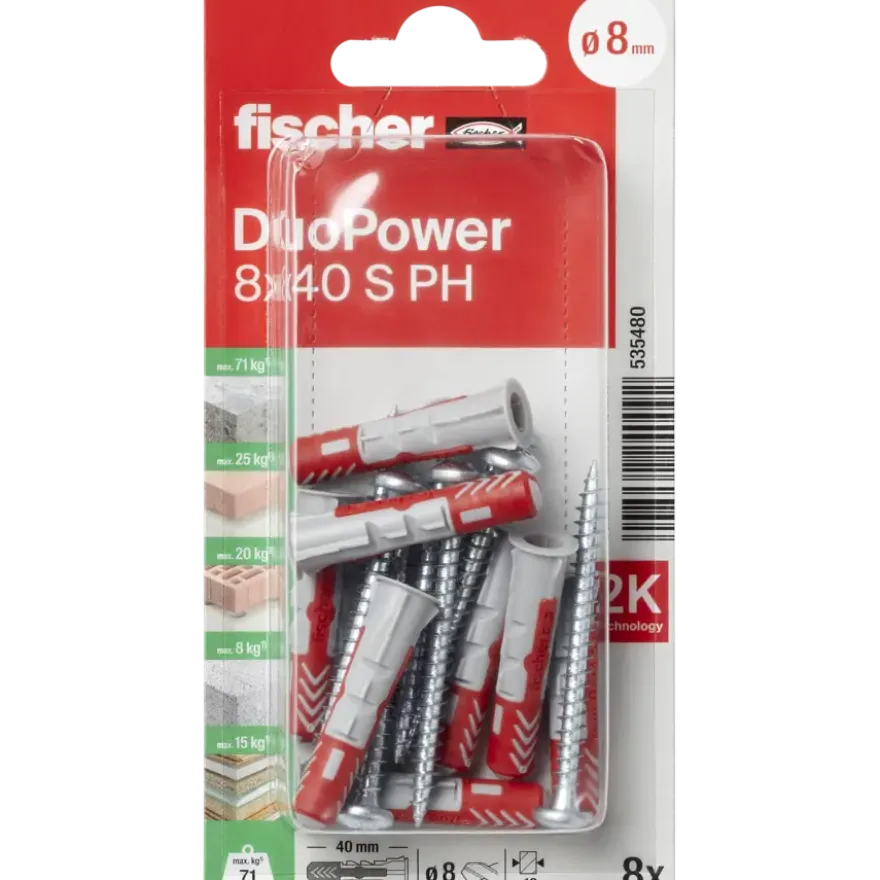 Fischer Universeelplug DuoPower 8x40mm met bolkopschroef 8 stuks