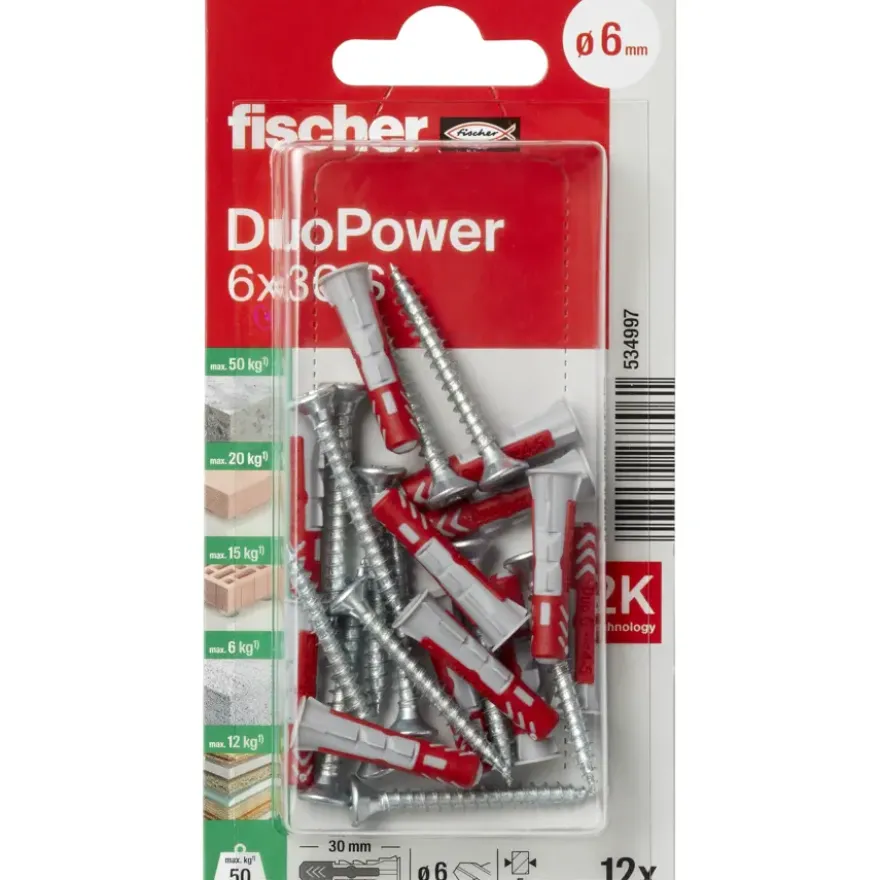 Fischer Universeelplug DuoPower 6x30mm met schroef 12 stuks