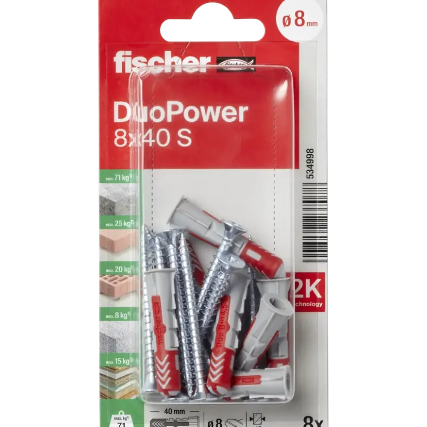 Fischer Universeelplug DuoPower 8x40mm met schroef 8 stuks