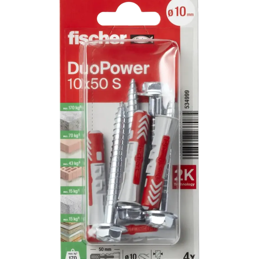 Fischer Universeelplug DuoPower 10x50mm met zeskantschroef 4 stuks
