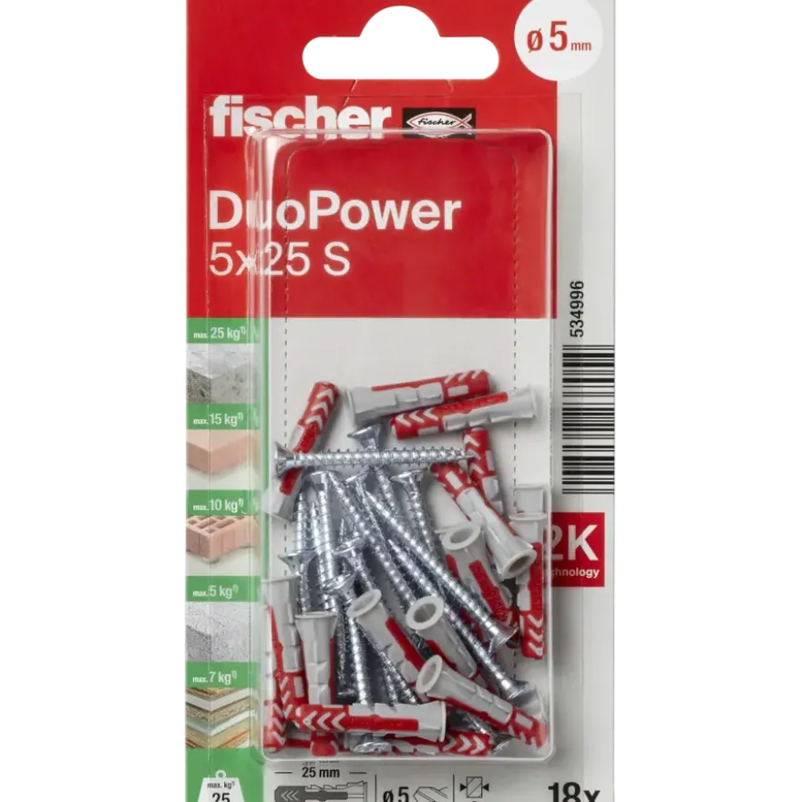 Fischer Universeelplug DuoPower 5x25mm met schroef 18 stuks