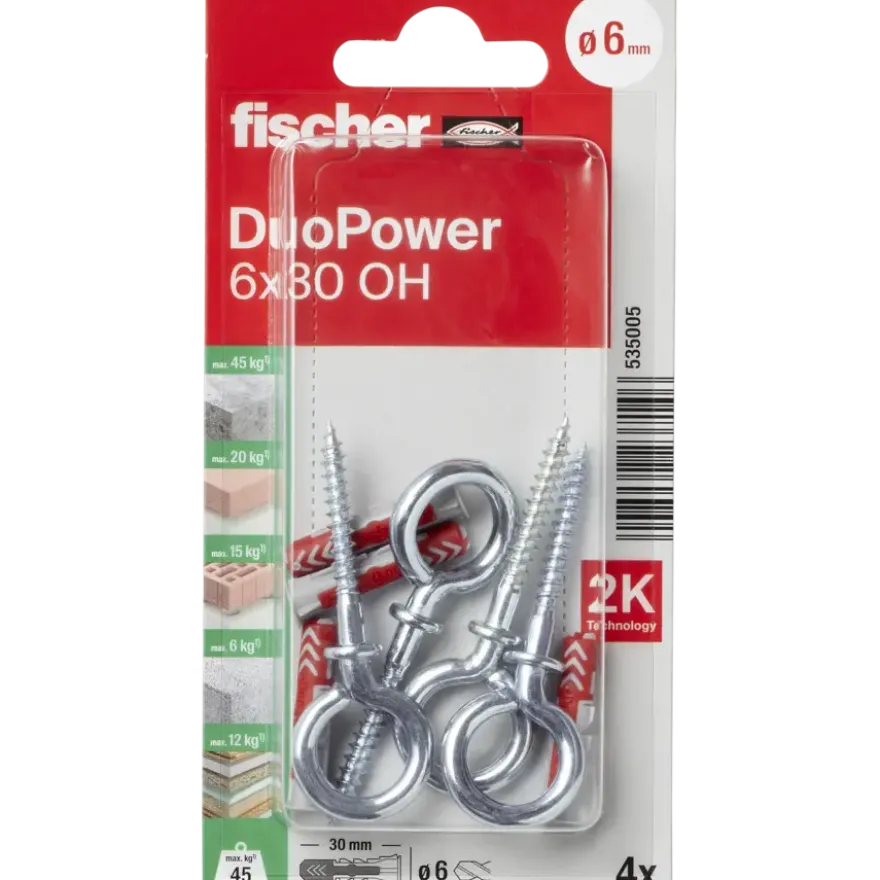 Fischer Universeelplug DuoPower 6x30mm met ooghaak 4 stuks