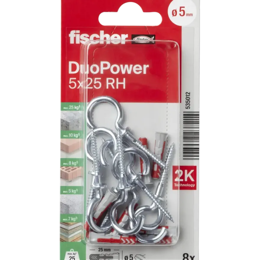Fischer Universeelplug DuoPower 5x25mm met schroefhaak 8 stuks