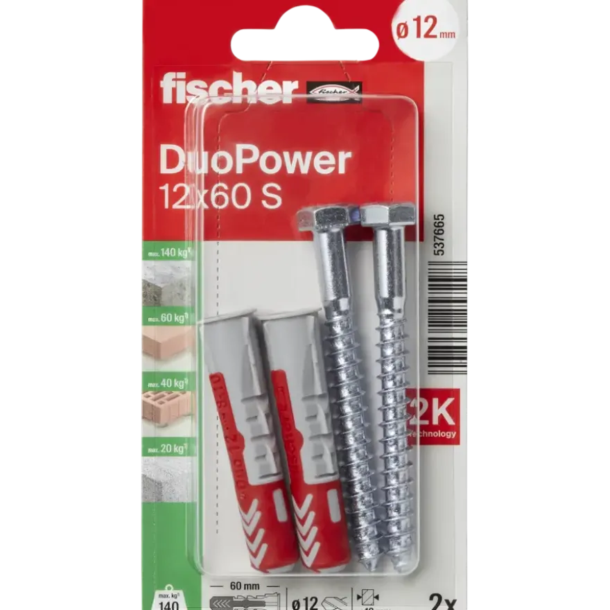 Fischer Universeelplug DuoPower 12x60mm met zeskantschroef 2 stuks