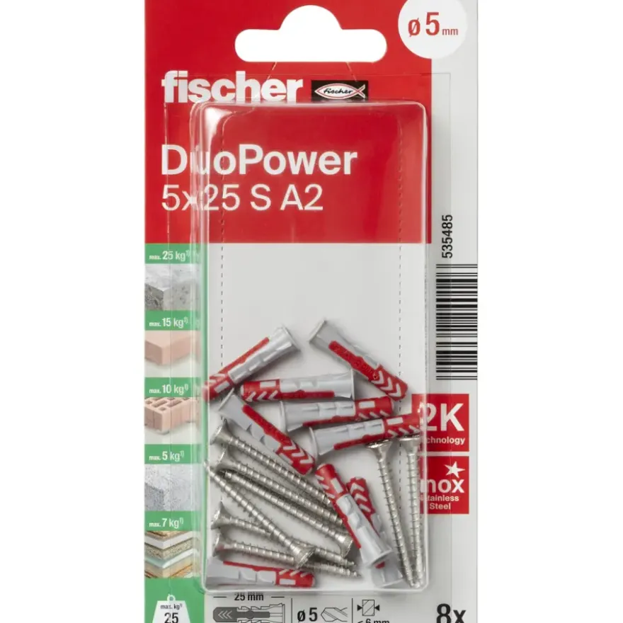 Fischer Universeelplug DuoPower 5x25mm met RVS schroef 8 stuks