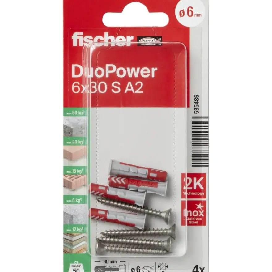 Fischer Universeelplug DuoPower 6x30mm met RVS schroef 4 stuks