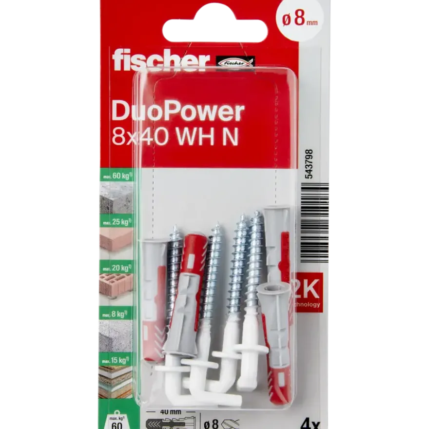 Fischer Universeelplug DuoPower 8x40mm met witte schroefduim 4 stuks