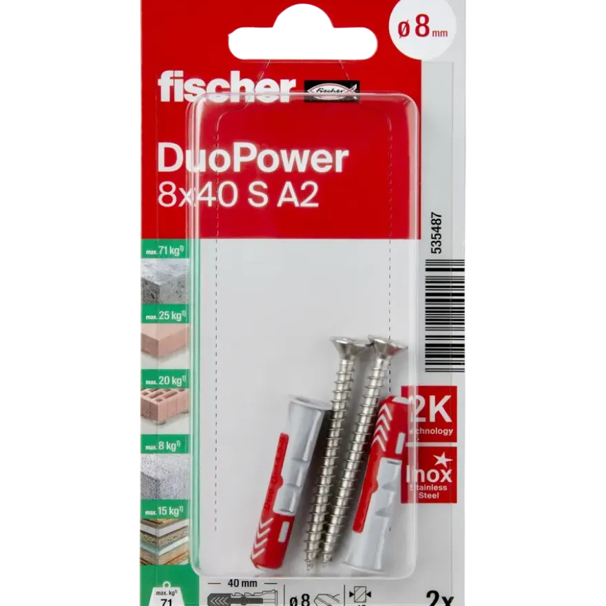 Fischer Universeelplug DuoPower 8x40mm met RVS schroef 2 stuks