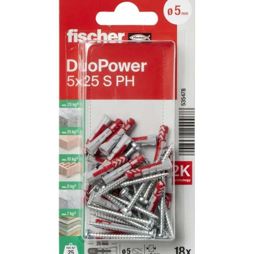 Fischer Universeelplug DuoPower 5x25mm met bolkopschroef 18 stuks