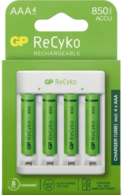 GP Batterijlader 411 + 4x oplaadbare batterijen AAA 850mAh ReCyko + Micro USB-lader