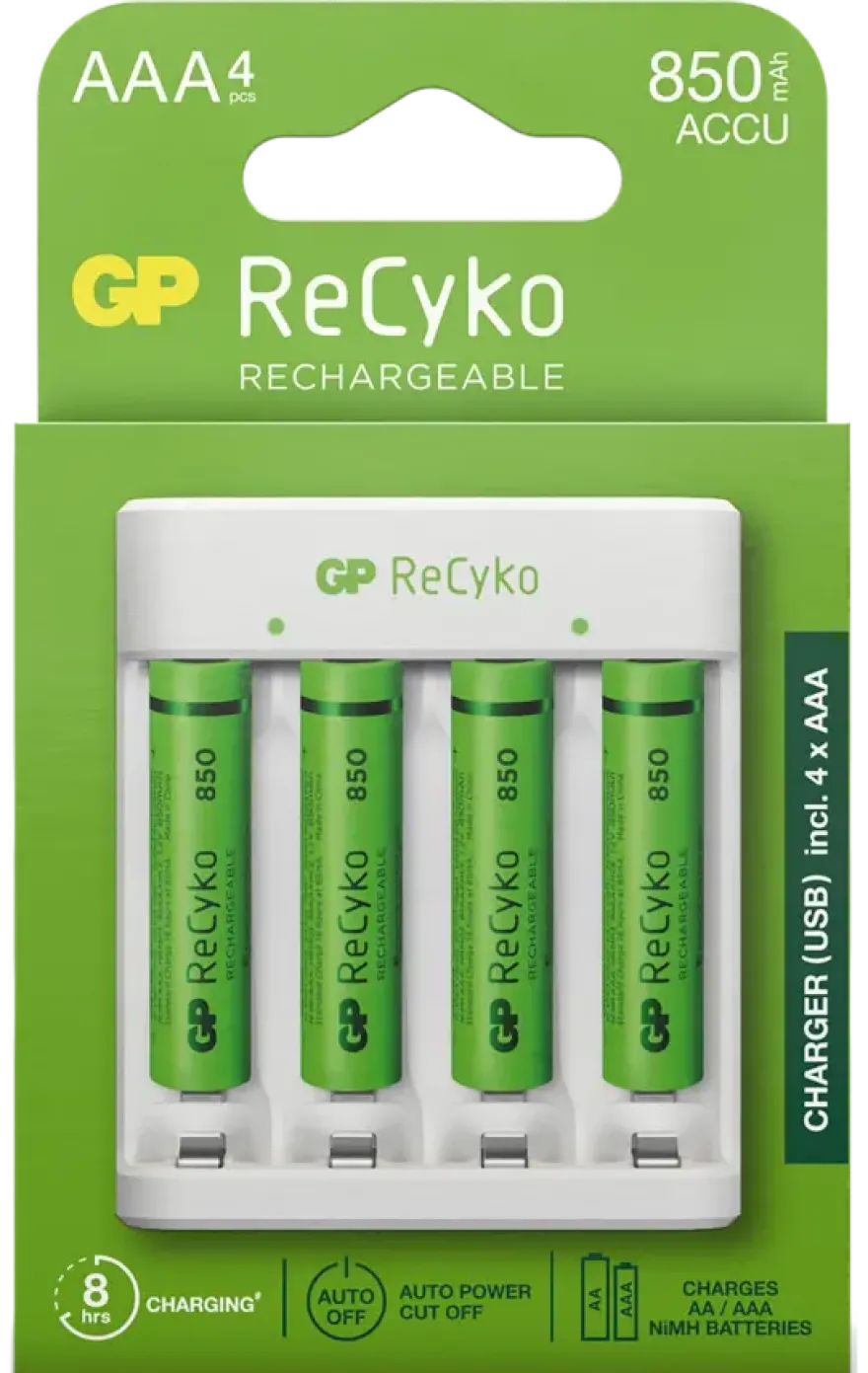 GP Batterijlader 411 + 4x oplaadbare batterijen AAA 850mAh ReCyko + Micro USB-lader