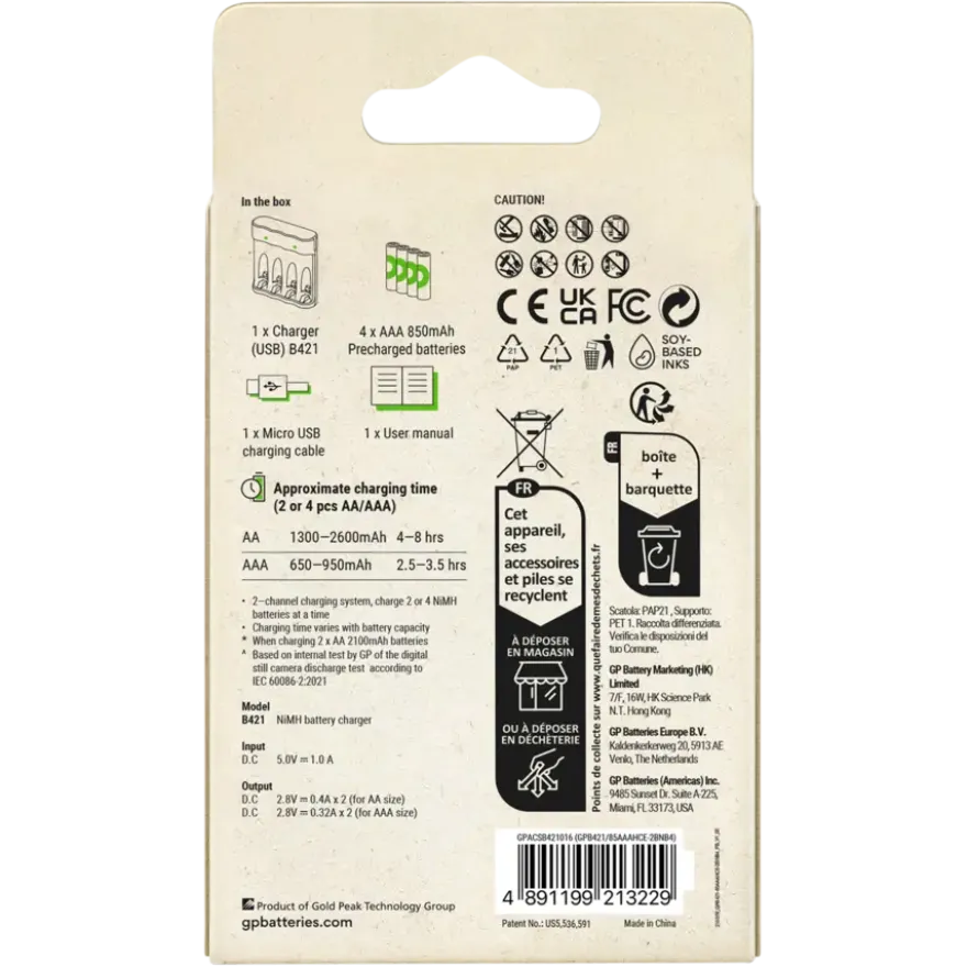 GP Batterijlader 411 + 4x oplaadbare batterijen AAA 850mAh ReCyko + Micro USB-lader