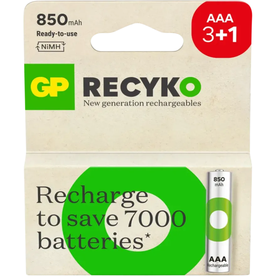 GP Batterij Oplaadbaar AAA NiMH 850 mAh ReCyko 1,2V 4 stuks (3+1)