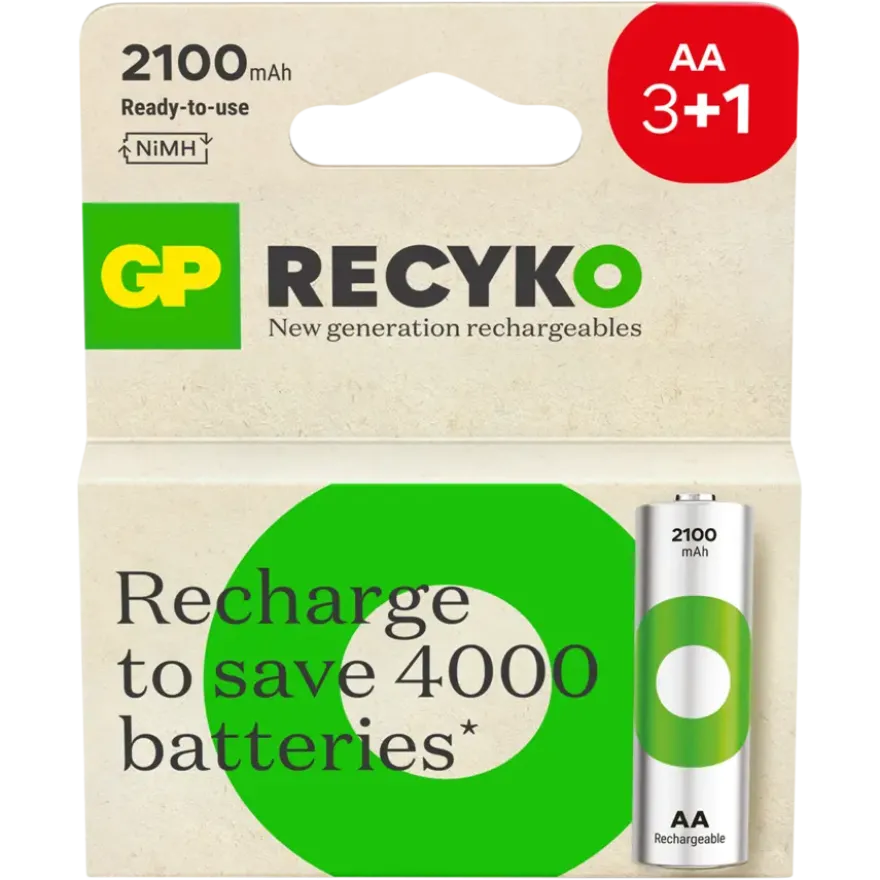 GP Batterij Oplaadbaar AA NiMH 2100 mAh ReCyko 1,2V 4 stuks (3+1)