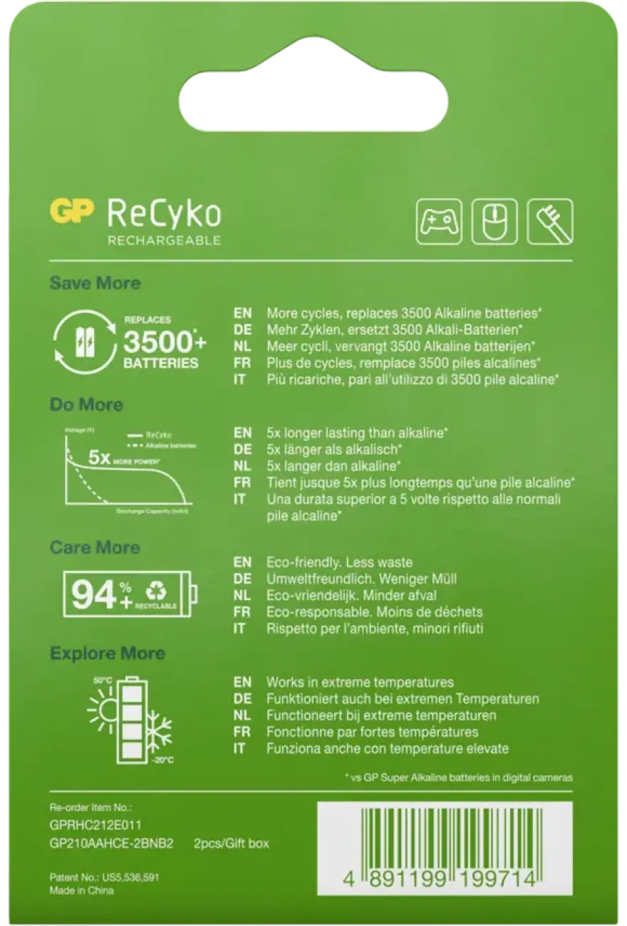 GP Batterij Oplaadbaar AA NiMH 2100mAh ReCyko 1,2V 2 Stuks