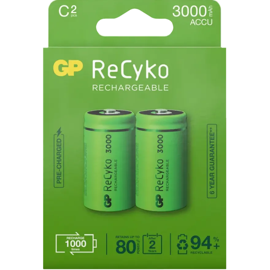 GP Batterij Oplaadbaar C Baby NiMH 3000mAh ReCyko 1,2V 2 Stuks