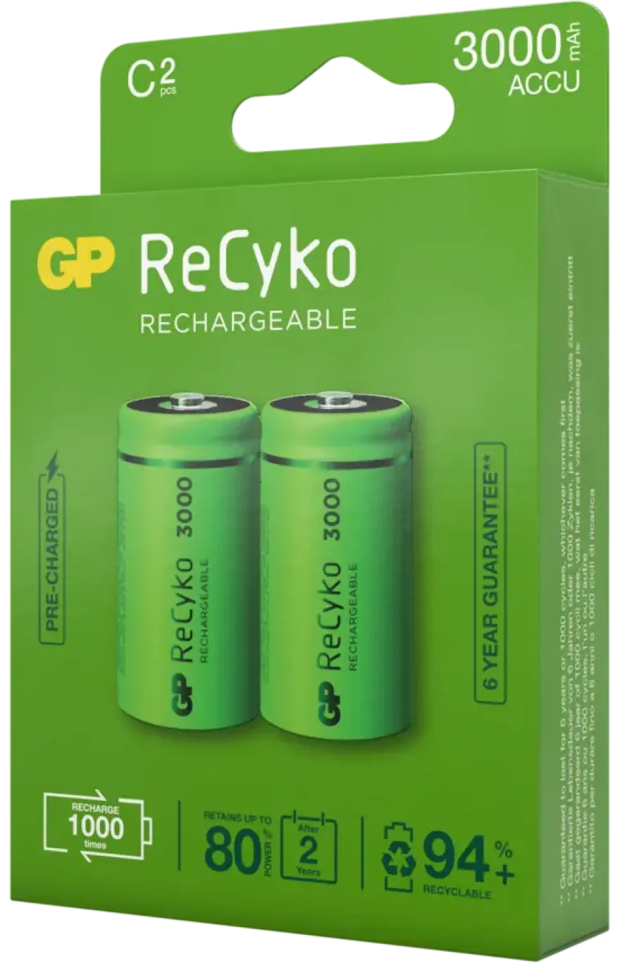 GP Batterij Oplaadbaar C Baby NiMH 3000mAh ReCyko 1,2V 2 Stuks