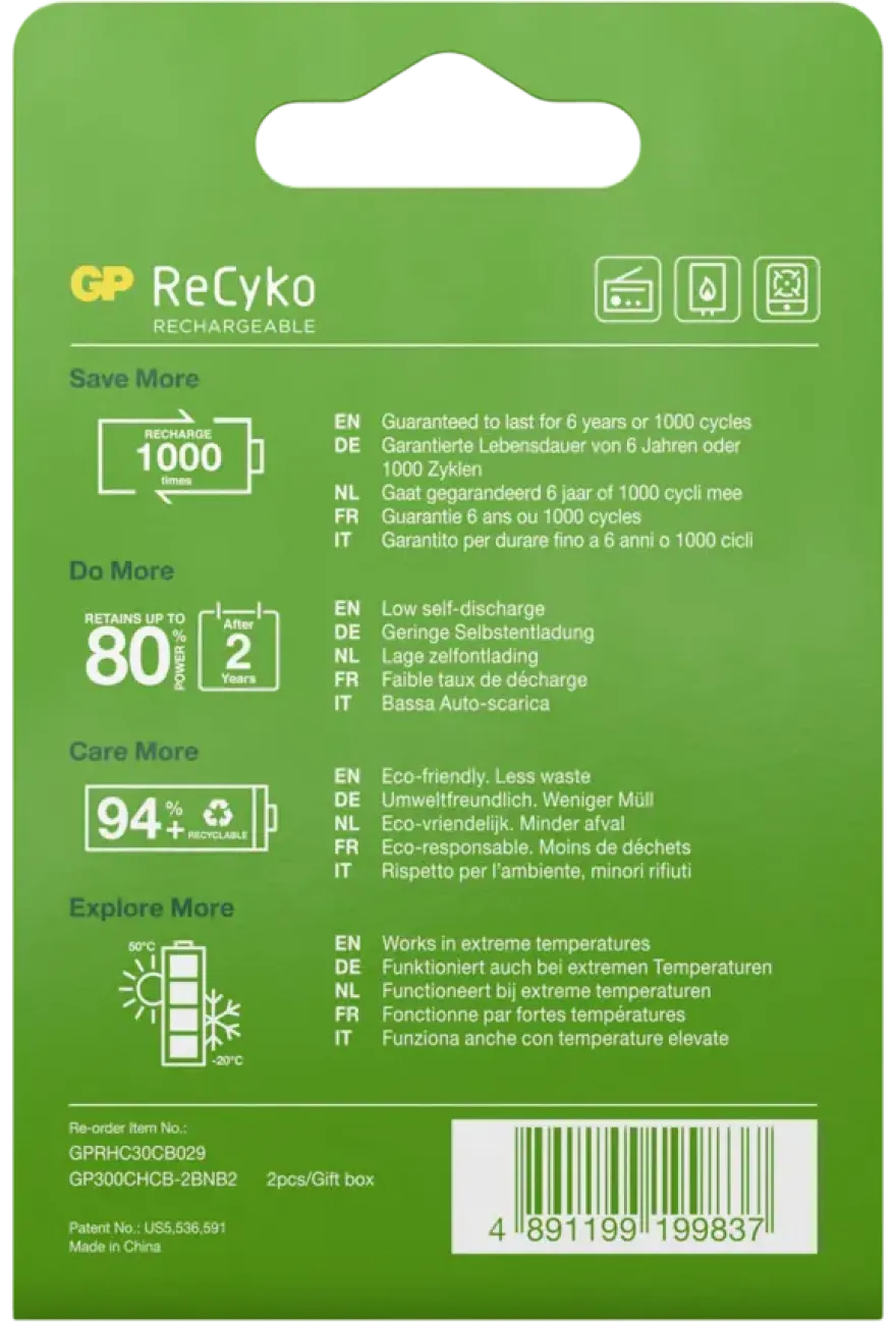 GP Batterij Oplaadbaar C Baby NiMH 3000mAh ReCyko 1,2V 2 Stuks