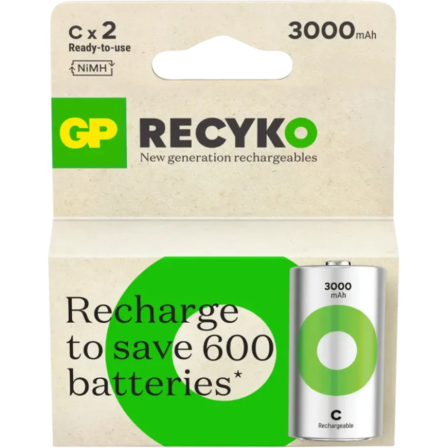 GP Batterij Oplaadbaar C NiMH 3000mAh ReCyko 1,2V 2 Stuks