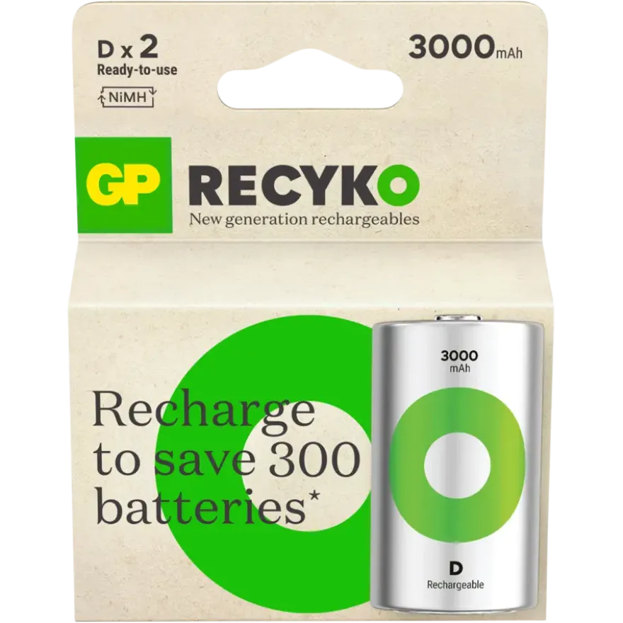 GP Batterij Oplaadbaar D Mono NiMH 3000mAh ReCyko 1,2V 2 Stuks