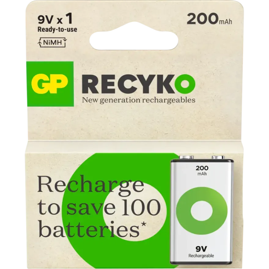 GP Batterij Oplaadbaar 9V NiMH 200mAh ReCyko 8,4V 1 Stuk