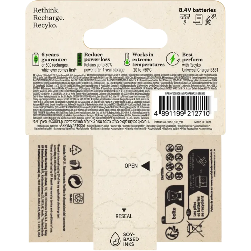 GP Batterij Oplaadbaar 9V NiMH 200mAh ReCyko 8,4V 1 Stuk