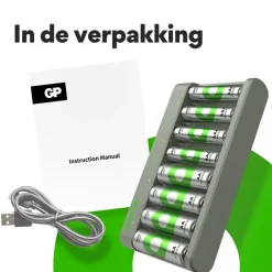 GP USB Batterijlader AA + AAA inc. Micro USB snoer en 4x AA + 4x AAA Batterijen