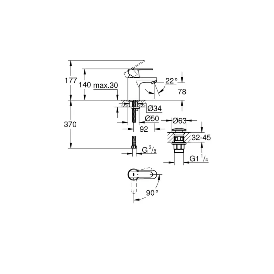 GROHE Get S-size éénhendel wastafelkraan met afvoerplug Wit