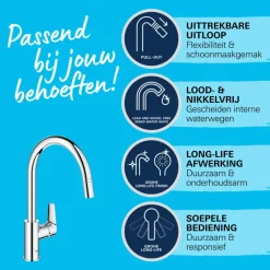 Grohe Keukenmengkraan Start Edge Hoge Uitloop Uittrekbare Mousseur Chroom