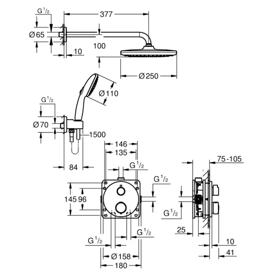 Grohe Precision Thermostat Perfect inbouw douchesysteem met Vitalio Comfort 250 hoofddouche rond Chroom