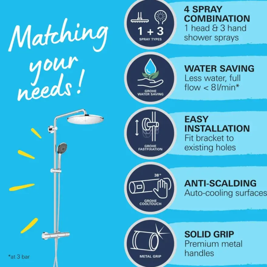 Grohe regendoucheset Quickfix Vitalio Joy XXL - hoofddouche 31 cm - met handdouche en thermostaatkraan 3 standen chroom - hartafstand kraan 15 cm