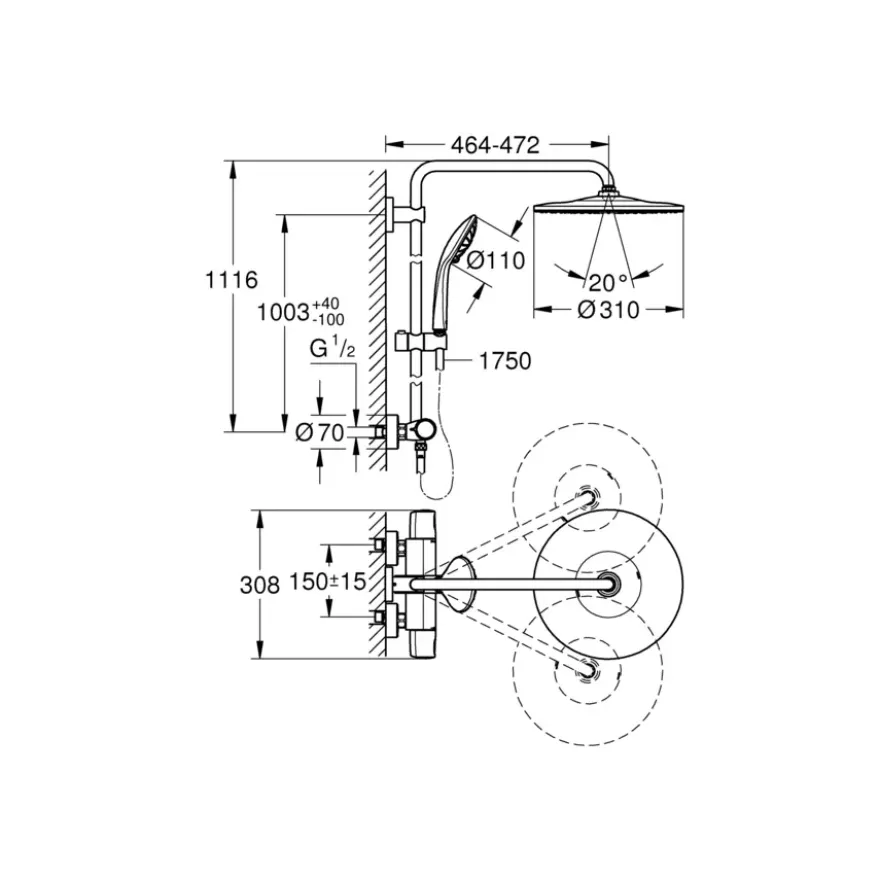 Grohe regendoucheset Quickfix Vitalio Joy XXL - hoofddouche 31 cm - met handdouche en thermostaatkraan 3 standen chroom - hartafstand kraan 15 cm