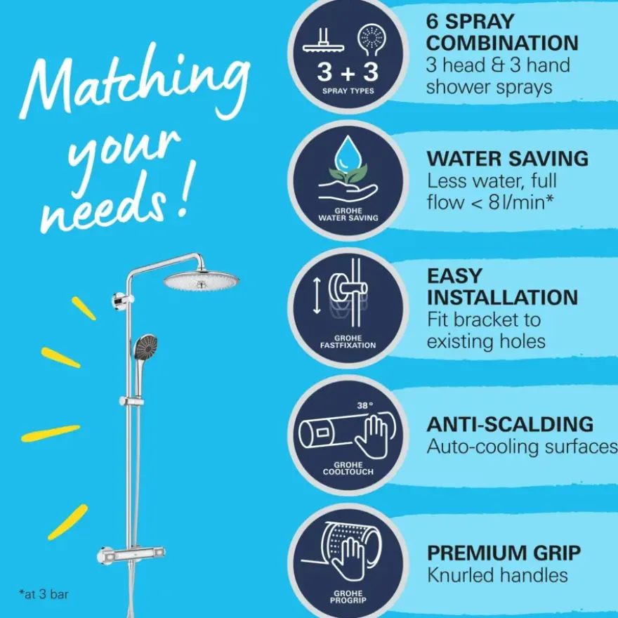Grohe regendoucheset Quickfix Vitalio Joy - hoofddouche 26 cm - met handdouche en thermostaatkraan 3 standen chroom - hartafstand kraan 15 cm