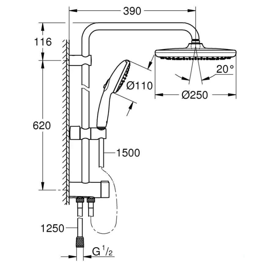 Grohe Vitalio Start 250 Flex douchesysteem met omstelling Rond, Max. 8,0L/Min Bij 3 Bar Mat Zwart