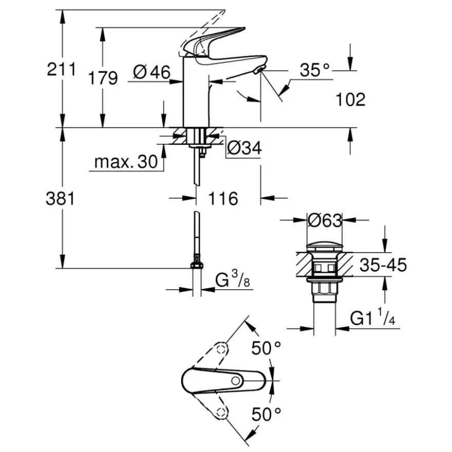 Grohe Wastafelmengkraan Swift M-size Push Open Chroom