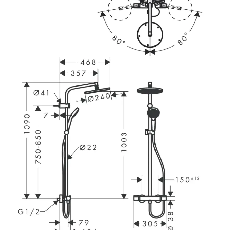Hansgrohe regendoucheset MySelect S 240 met handdouche en thermostaatkraan 3 standen chroom