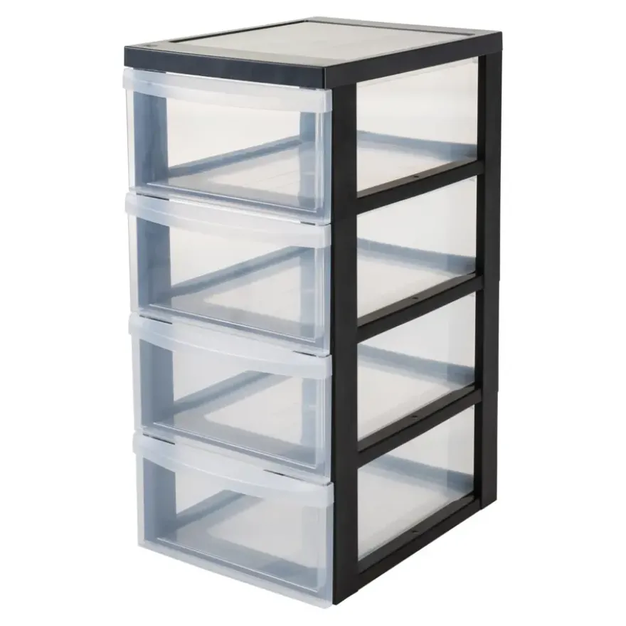 IRIS Design Chest ladekast - 4 half diepe lades - 4x 11L - Kunststof - Zwart/Transparant - Met Wielen